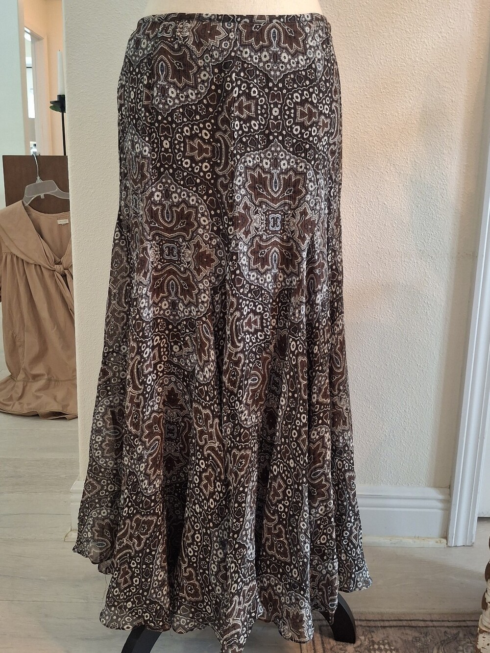 Vintage Cottagecore Silk Brown Printed Maxi Skirt